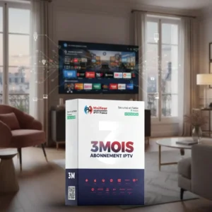 france IPTV abonnement 3 Mois – box IPTV premium installée dans un salon moderne avec Smart TV et streaming HD/4K
