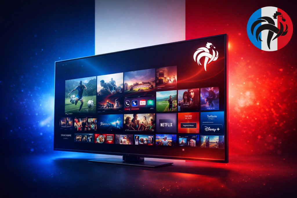 Abonnement IPTV France avec interface Smart TV moderne, chaînes sport, films et streaming, illustrant un service IPTV fiable en 2026