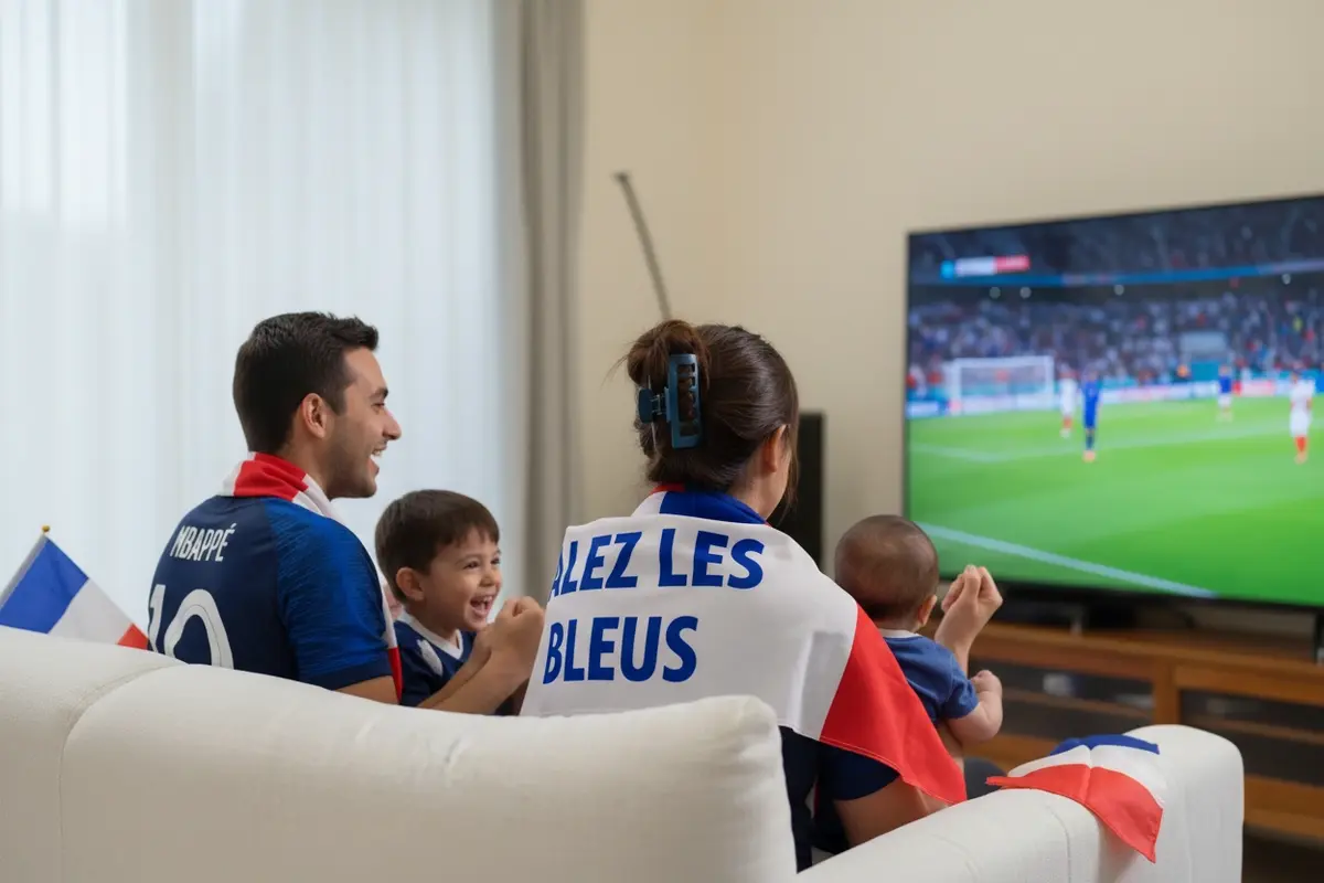 Famille regardant un match de football en direct à la maison avec un abonnement IPTV France