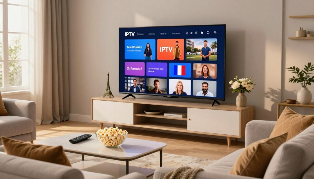 IPTV Premium France affichant des chaînes françaises sur Smart TV dans un salon moderne