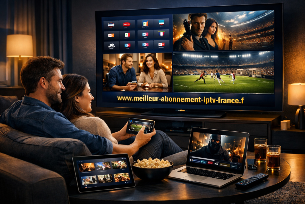 French couple enjoying IPTV streaming on multiple devices in a modern living room, watching TV, tablet, laptop, and smartphone simultaneously.