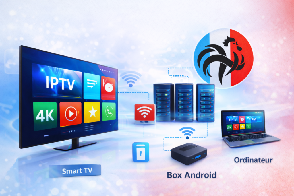 Abonnement IPTV France : Smart TV, box Android et ordinateur connectés à des serveurs IPTV via Internet (4K).