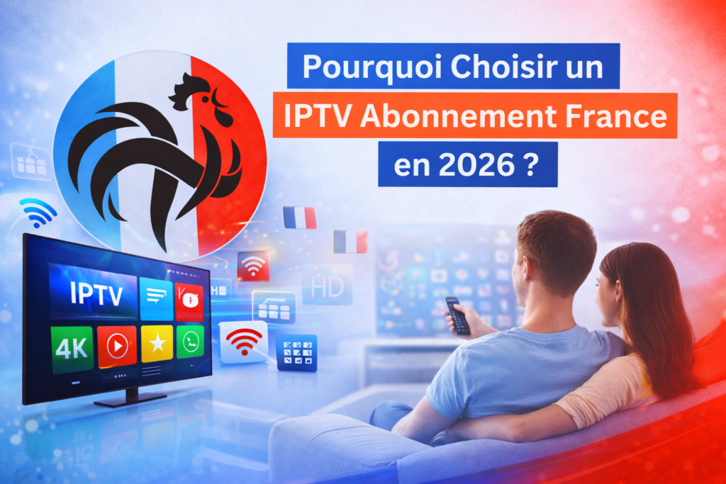 Illustration IPTV Abonnement France 2026 avec couple regardant une Smart TV 4K et design inspiré du drapeau français