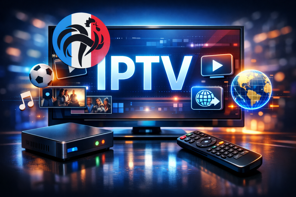 Illustration IPTV Paris : TV connectée et box IPTV expliquant comment fonctionne un abonnement IPTV Paris (chaînes live et VOD) via Internet.