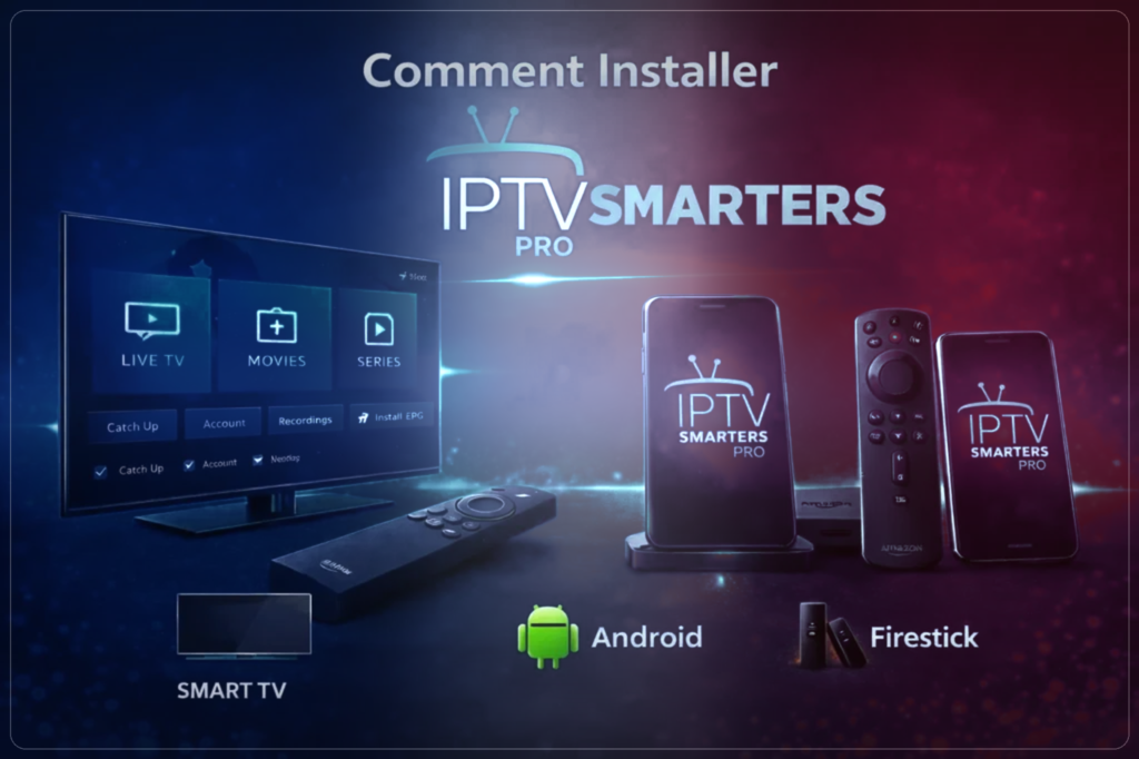 IPTV Smarters Pro sur Smart TV, Android et Firestick avec fond bleu blanc rouge style France