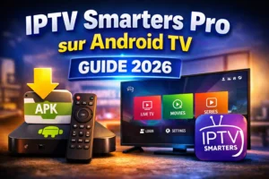 IPTV Smarters Pro sur Android TV affiché sur un écran TV avec box Android, télécommande et guide 2026