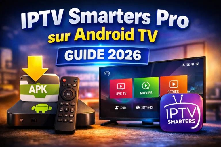 IPTV Smarters Pro sur Android TV affiché sur un écran TV avec box Android, télécommande et guide 2026