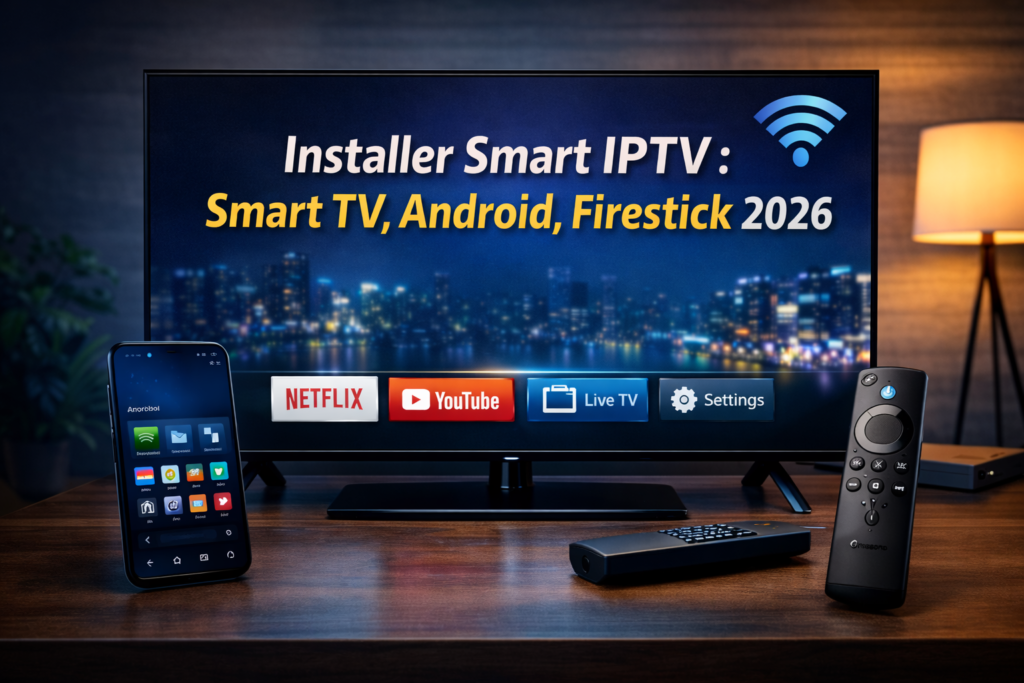 Abonnement IPTV sur Smart TV, Android et Firestick avec guide d’installation 2026 affiché sur écran