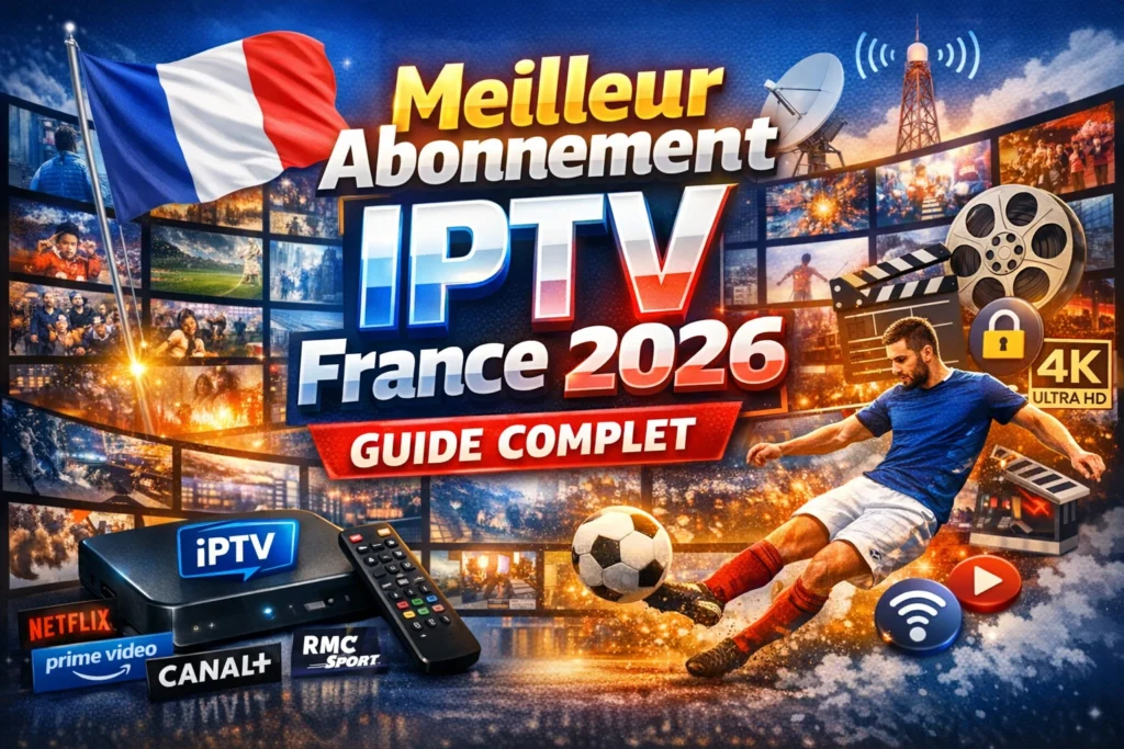 Abonnement IPTV France 2026 illustré sur une miniature avec écran TV, contenus multimédias et ambiance streaming premium