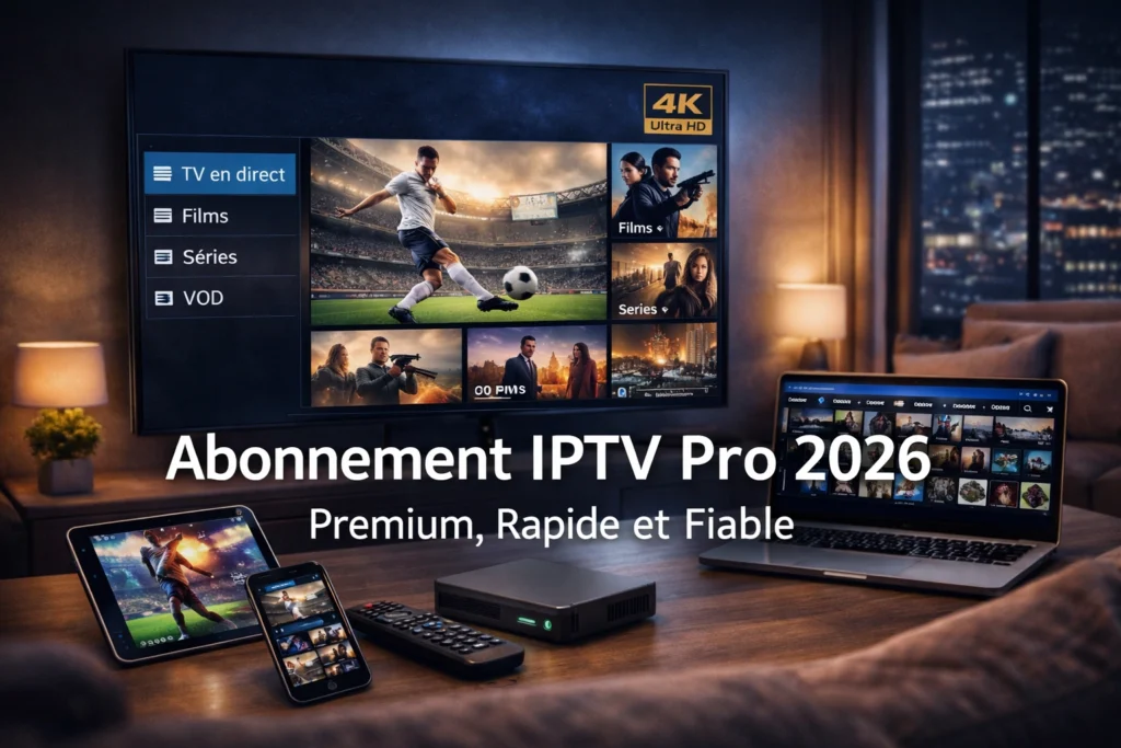 Abonnement IPTV Pro 2026 sur Smart TV avec interface streaming premium, smartphone, tablette, laptop et boîtier IPTV dans un salon moderne