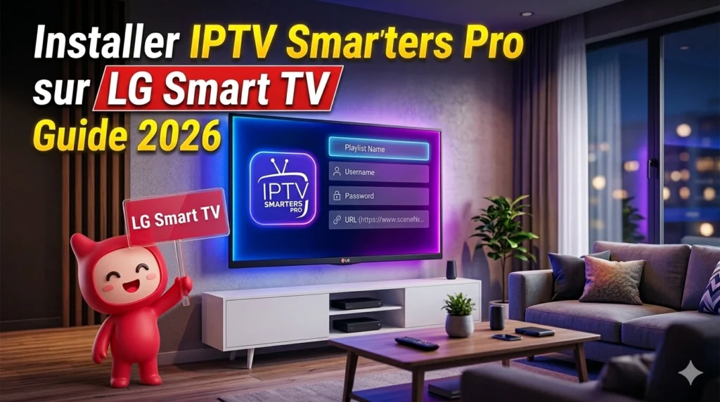 Installer IPTV Smarters Pro sur LG Smart TV en 2026 avec interface de connexion IPTV affichée sur un téléviseur LG dans un salon moderne