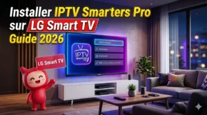 Installer IPTV Smarters Pro sur LG Smart TV en 2026 avec interface de connexion IPTV affichée sur un téléviseur LG dans un salon moderne